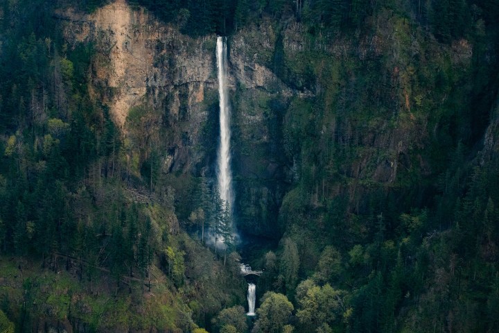 Aerial view of rushing waterfall in Oregon