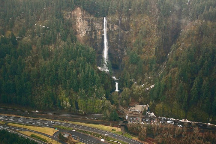 Aerial view of rushing waterfall in Oregon