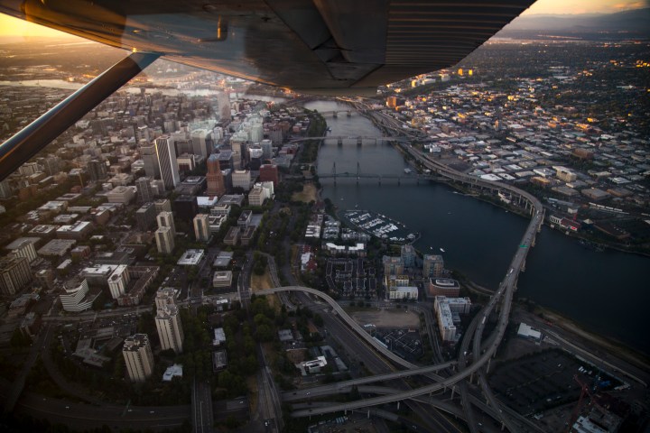 View of Portland from underneath airplane flying over