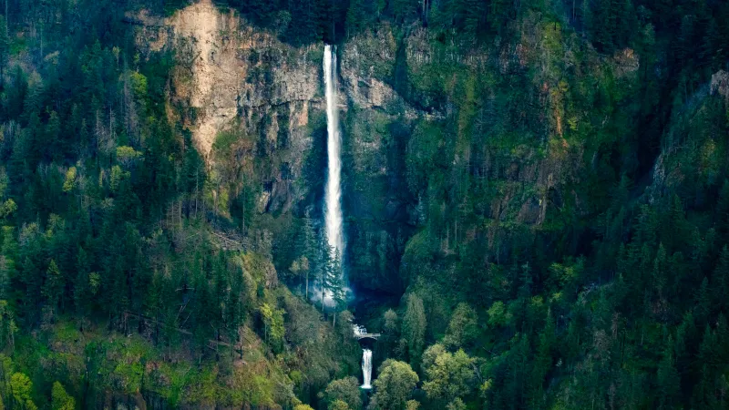 Aerial view of rushing waterfall in Oregon